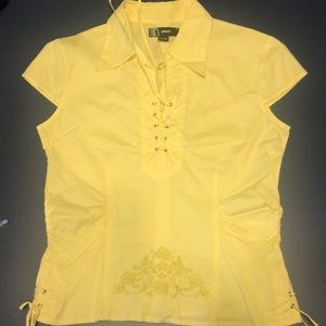Yellow Ruched Lace Up Blouse